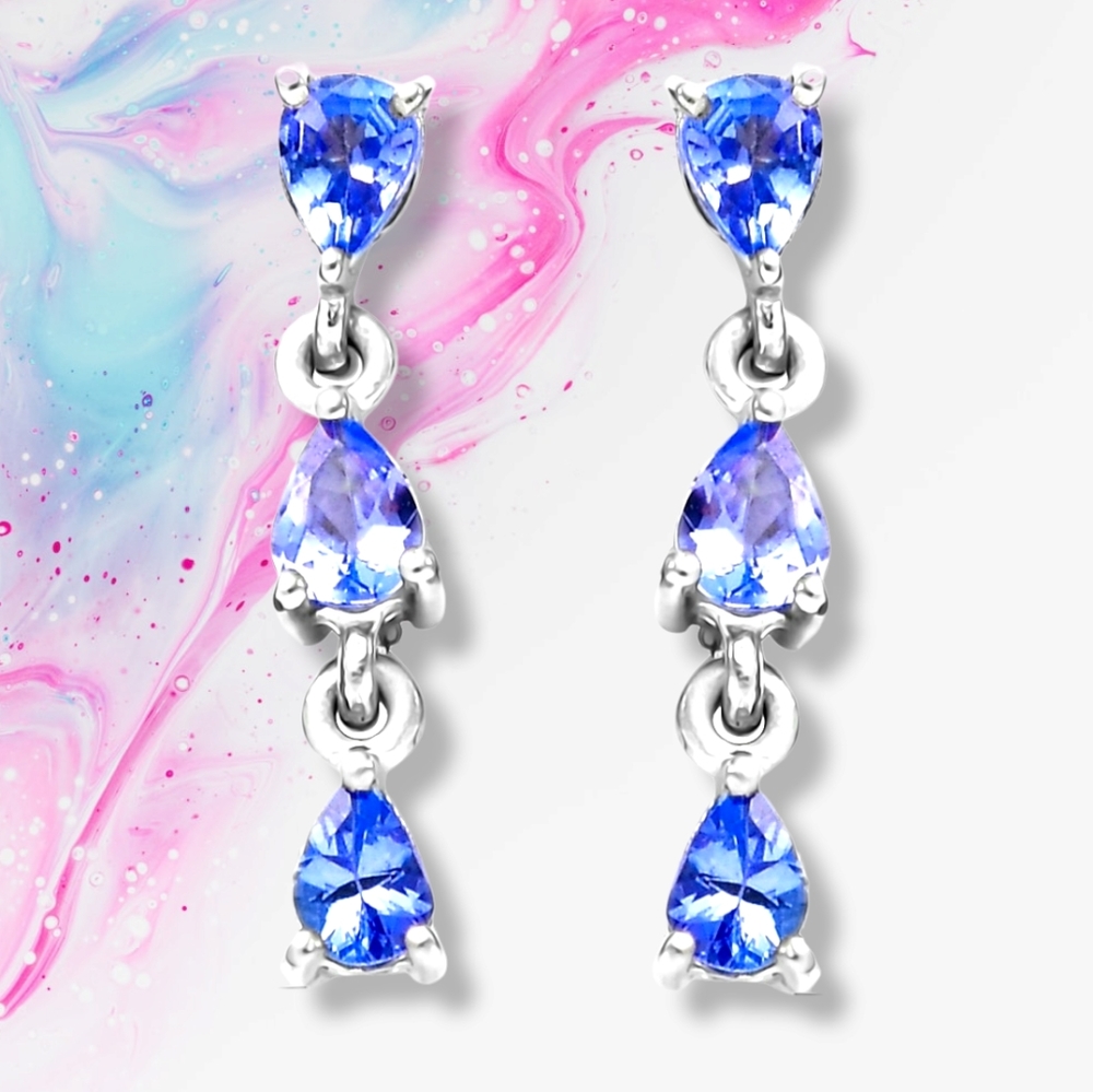 NWTIB GENUINE TANZANITE GEMSTONE EARRINGS IN PLATINUM OVER STERLING SILVER